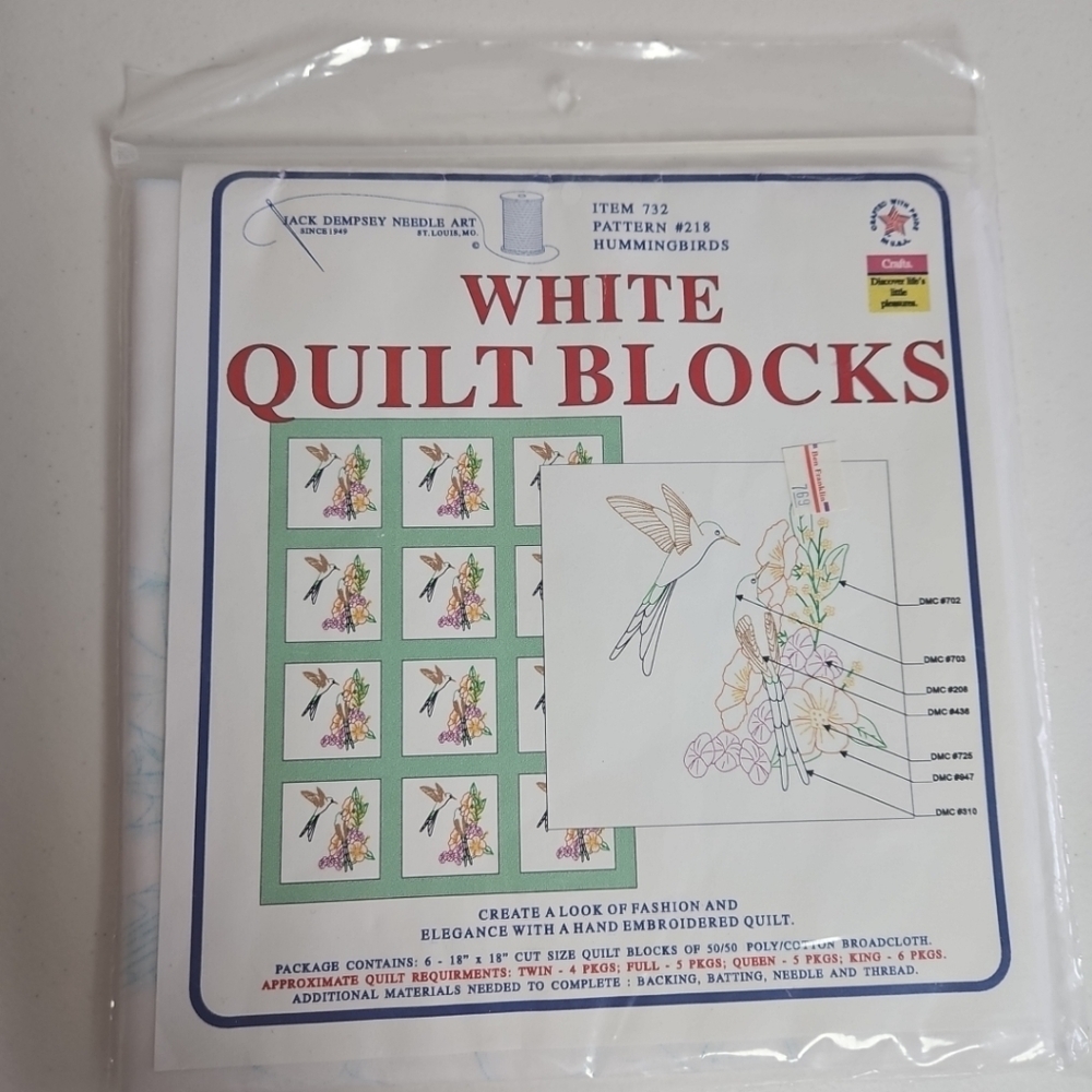 Jack Dempsey White Quilt Blocks #218 Hummingbirds  NEW Set of 6  18"x18"